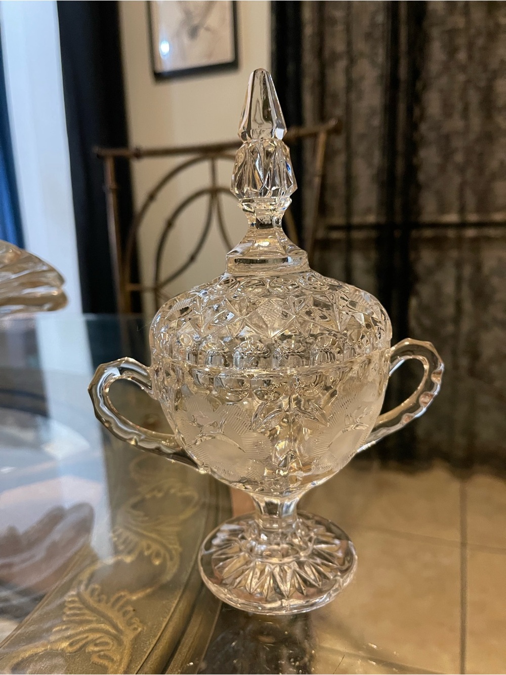 Crystal Covered Candy Dish with Handles - Clear Glass Home Accent